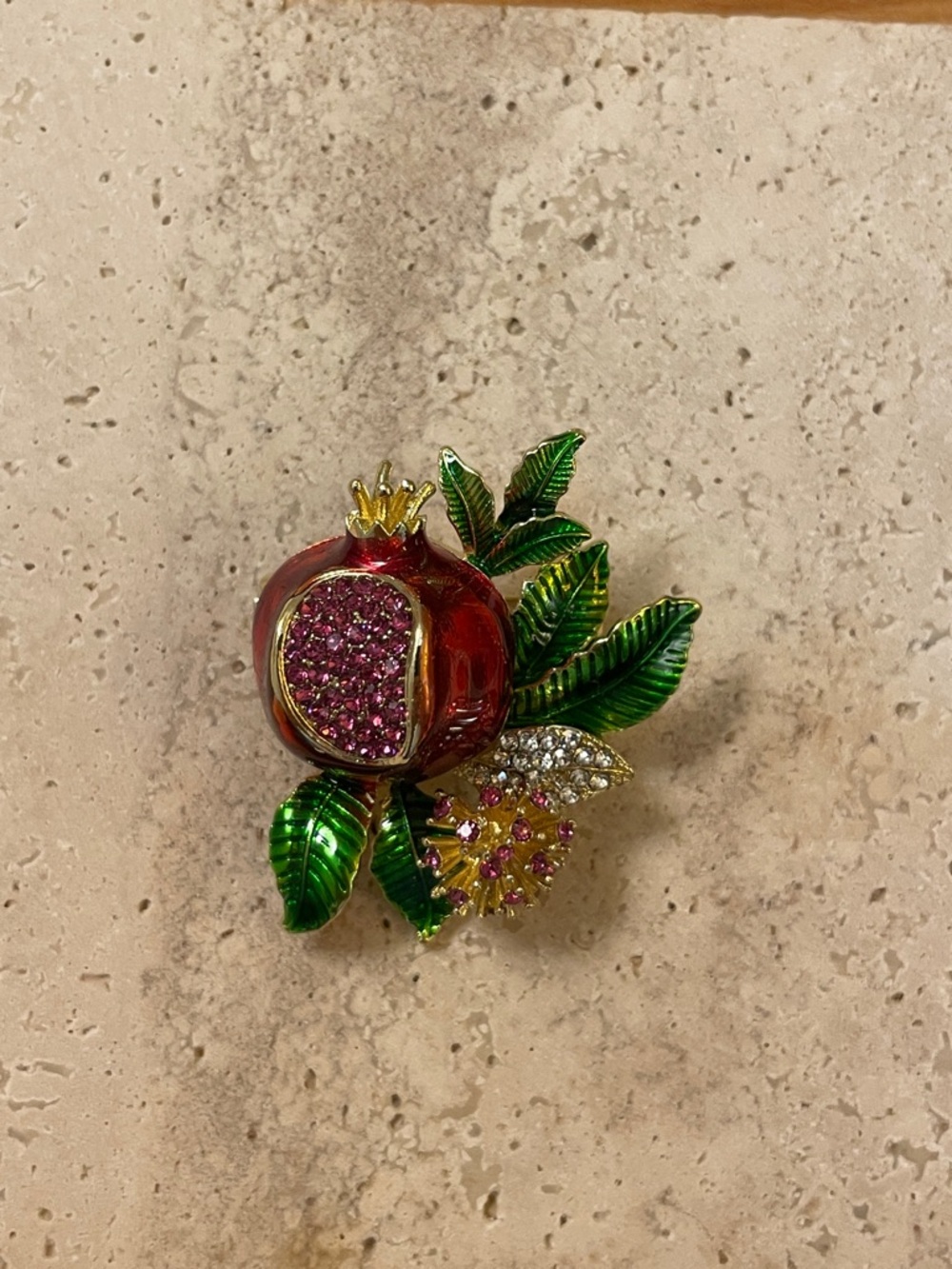 Neiman Marcus Pomegranate Brooch Red Green Enamel Crystal Statement Pin - Picture 3 of 5